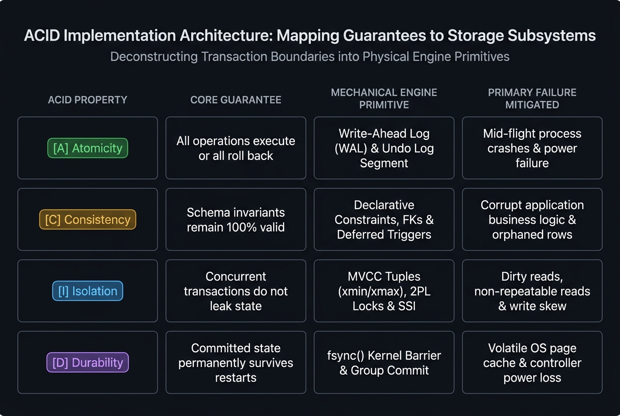 Isolation anomaly matrix: which concurrency hazards each SQL-92 isolation level prevents vs permits, mapped to their MVCC snapshot mechanics in PostgreSQL