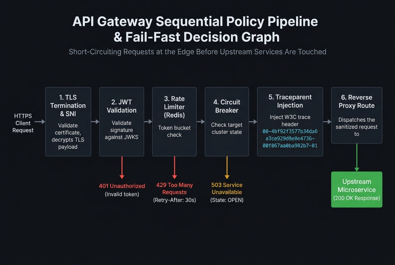API Gateway request lifecycle flow trace showing sequential enforcement pipeline: TLS termination → JWT validation (401 on failure) → rate limit check (429 on exceeded) → circuit breaker check (503 if open) → trace ID injection → protocol translation → upstream service routing.