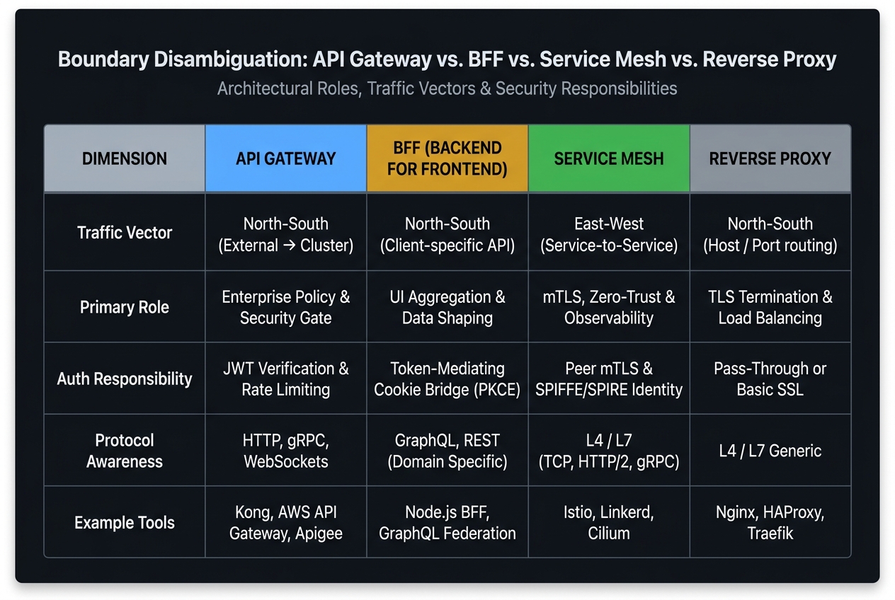 Comparison matrix: API Gateway vs BFF vs Service Mesh vs Reverse Proxy across role, traffic direction (north-south vs east-west), protocol awareness, auth enforcement, primary use case, and examples.