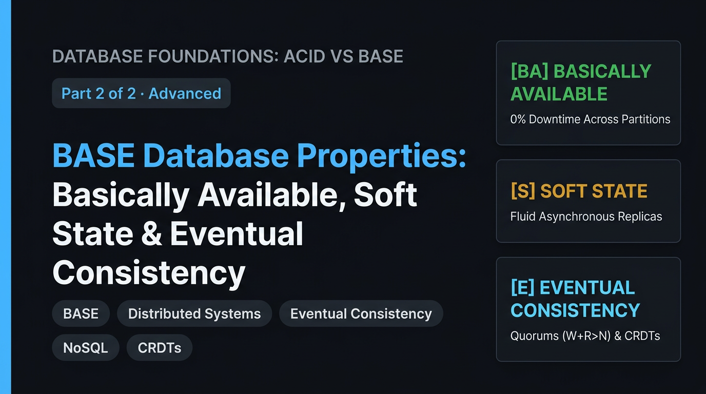BASE distributed database model: quorum replication rings, partition-tolerant routing, and anti-entropy gossip ensuring availability under split-brain network partitions