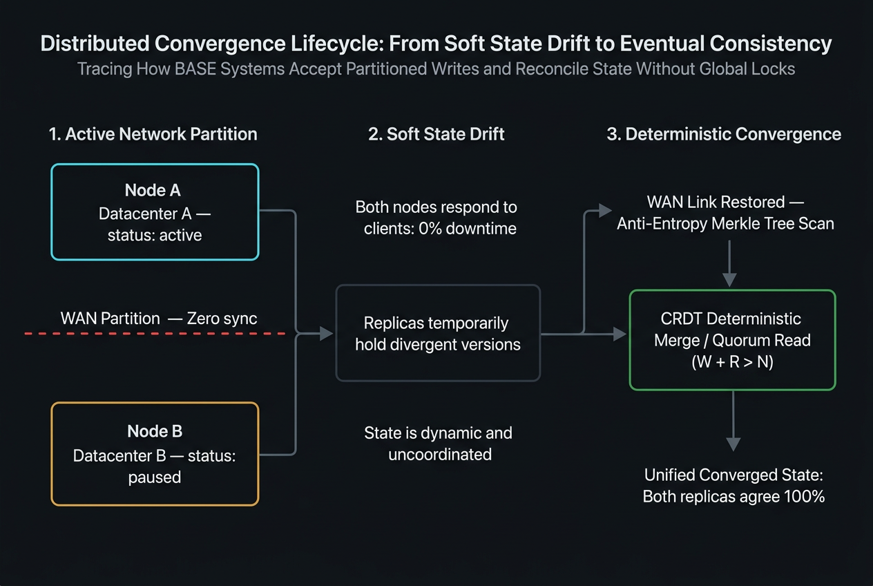 ACID vs BASE architectural decision matrix: workload domain mapping from financial ledger ACID requirements to social-scale BASE horizontal replication tiers