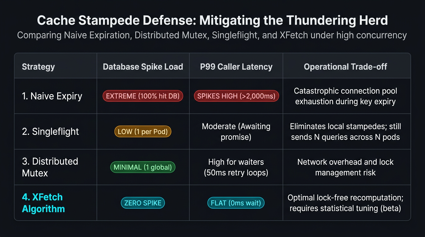 Comparison of Cache Stampede mitigation strategies evaluating Database Load, P99 Latency, and Implementation Complexity.