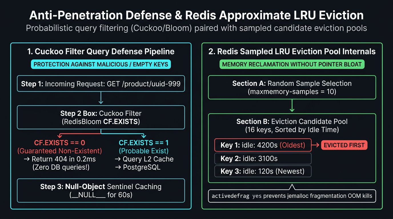 Bloom and Cuckoo filter penetration defense pipeline alongside Redis approximate sampled LRU candidate pool scoring.