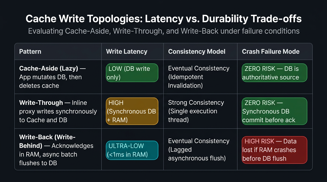 Comparison matrix of Cache-Aside, Write-Through, and Write-Back write patterns across latency, consistency, and crash failure modes.