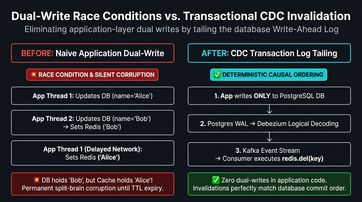 Comparison of dual-write race condition versus CDC transaction log-tailing pipeline.