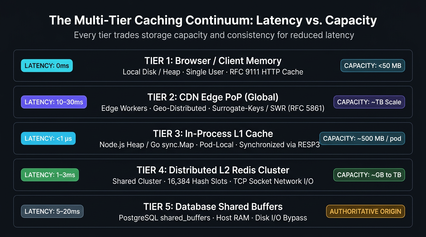 Multi-tier caching hierarchy showing latency and capacity trade-offs from client device down to database shared buffers.