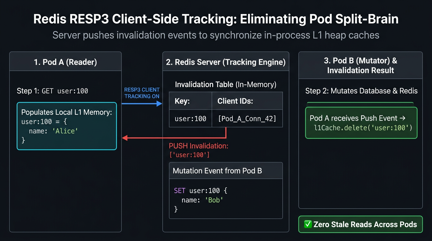 Redis RESP3 client-side tracking architecture showing invalidation push messages sent to subscribed clients upon key mutation.