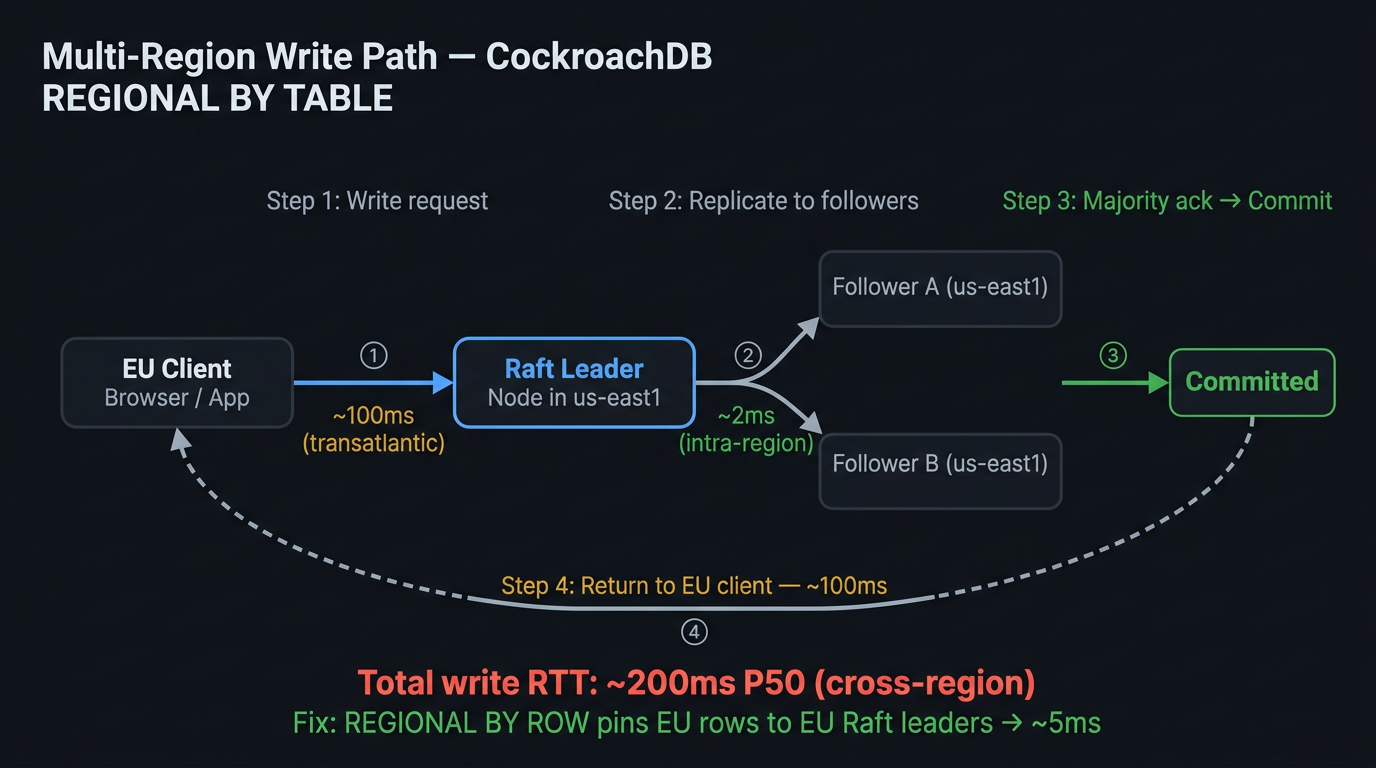 Multi-region CockroachDB write path: client write → Raft leader election → cross-region Raft consensus → commit acknowledgment — annotated with RTT budgets at each step showing where the 2× cross-region overhead originates.