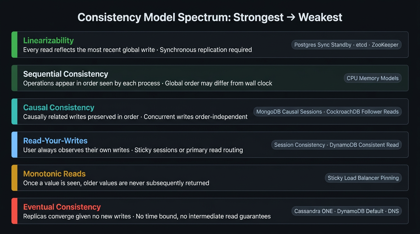 Consistency model spectrum from linearizability (strongest) to eventual consistency (weakest), with real-world database/config examples at each level