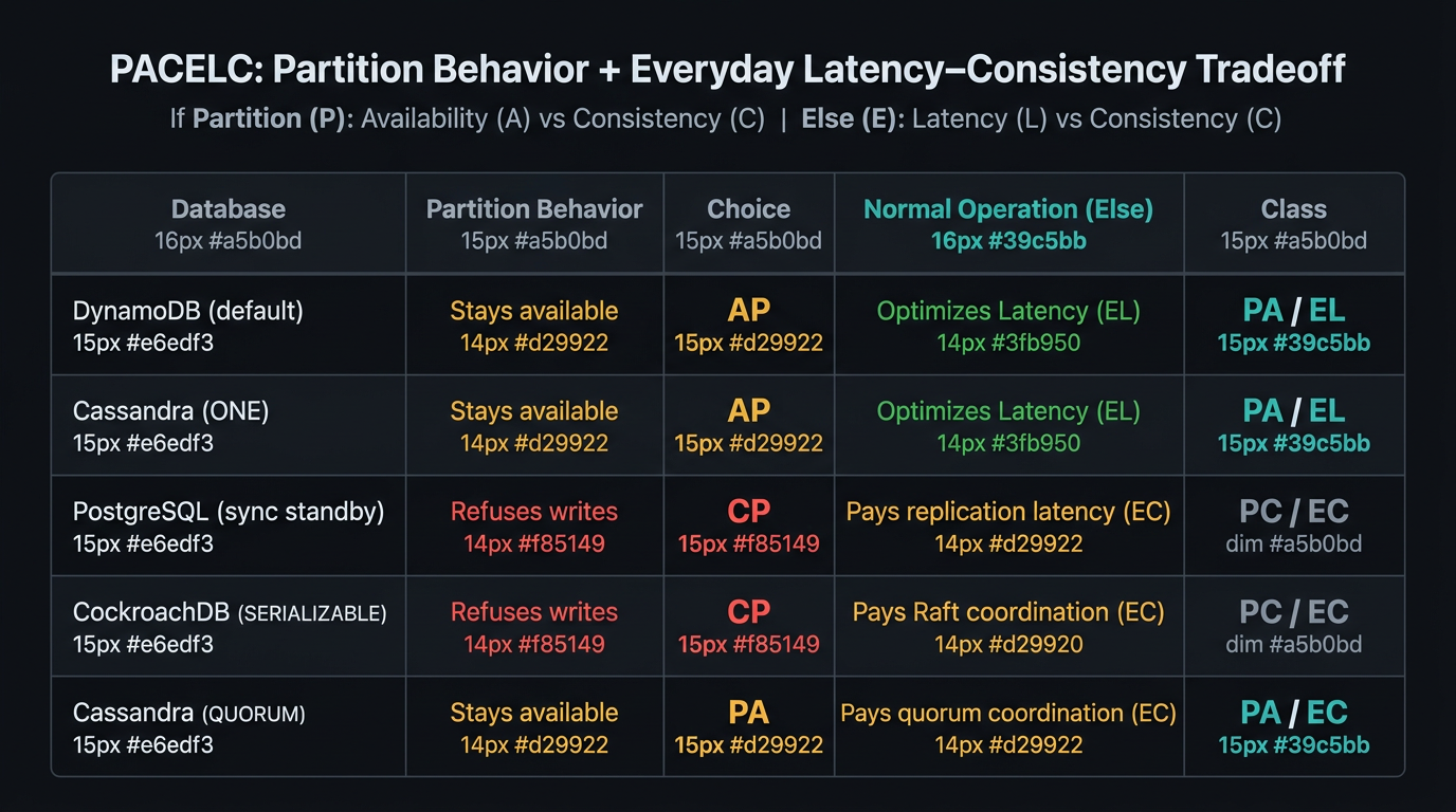 CAP vs PACELC system classification matrix showing partition behavior, normal-operation tradeoff, and real-world database examples