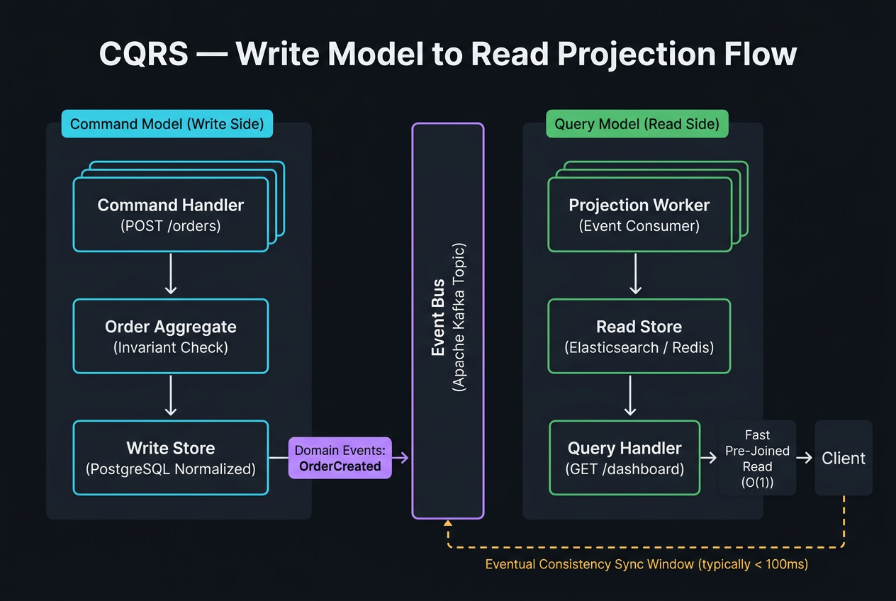 Monolithic unified database bottleneck with contending read and write queries (left) versus segregated CQRS architecture with dedicated write aggregate model and asynchronous read projection stores (right).