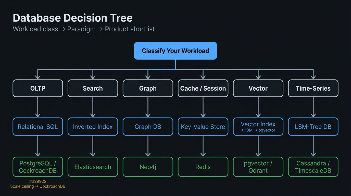 A decision tree flowing from workload classification (OLTP, Search, Graph, Cache, Vector, Time-Series) through paradigm selection to a product shortlist — each branch labeled with the access pattern and scale threshold that drives it.
