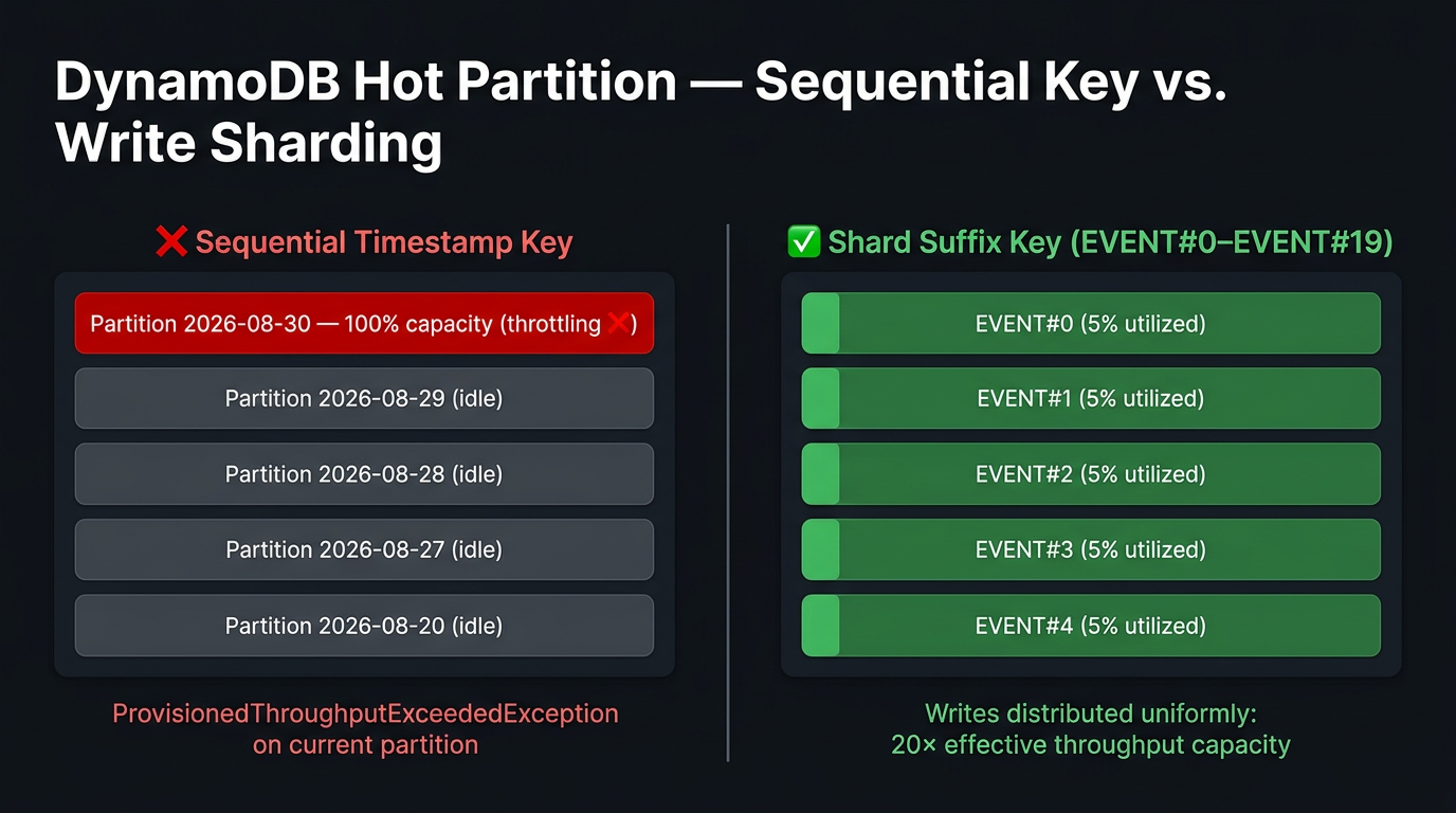 Hot DynamoDB partition from uniform sequential key (anti-pattern, left) versus composite partition key with write-shard suffix (correct, right), with throughput annotations showing even distribution across partitions.