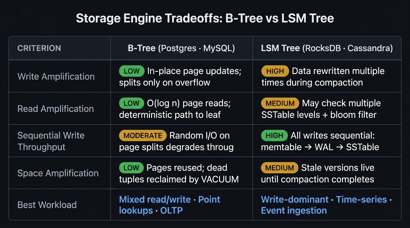 B-Tree vs LSM Tree storage model tradeoffs across read amplification, write amplification, compaction cost, and sequential write suitability