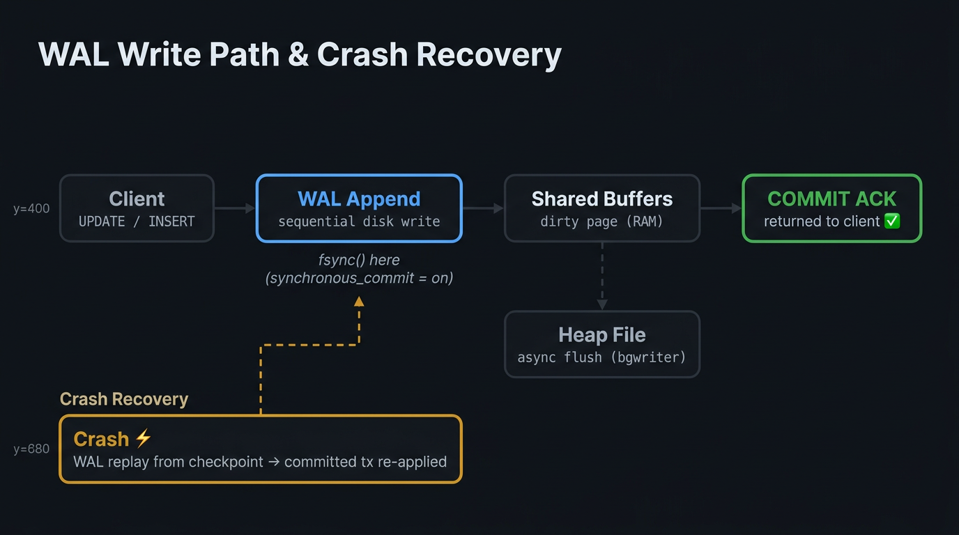 WAL write path: client write to WAL append, dirty buffer, checkpoint flush, and crash recovery replay sequence
