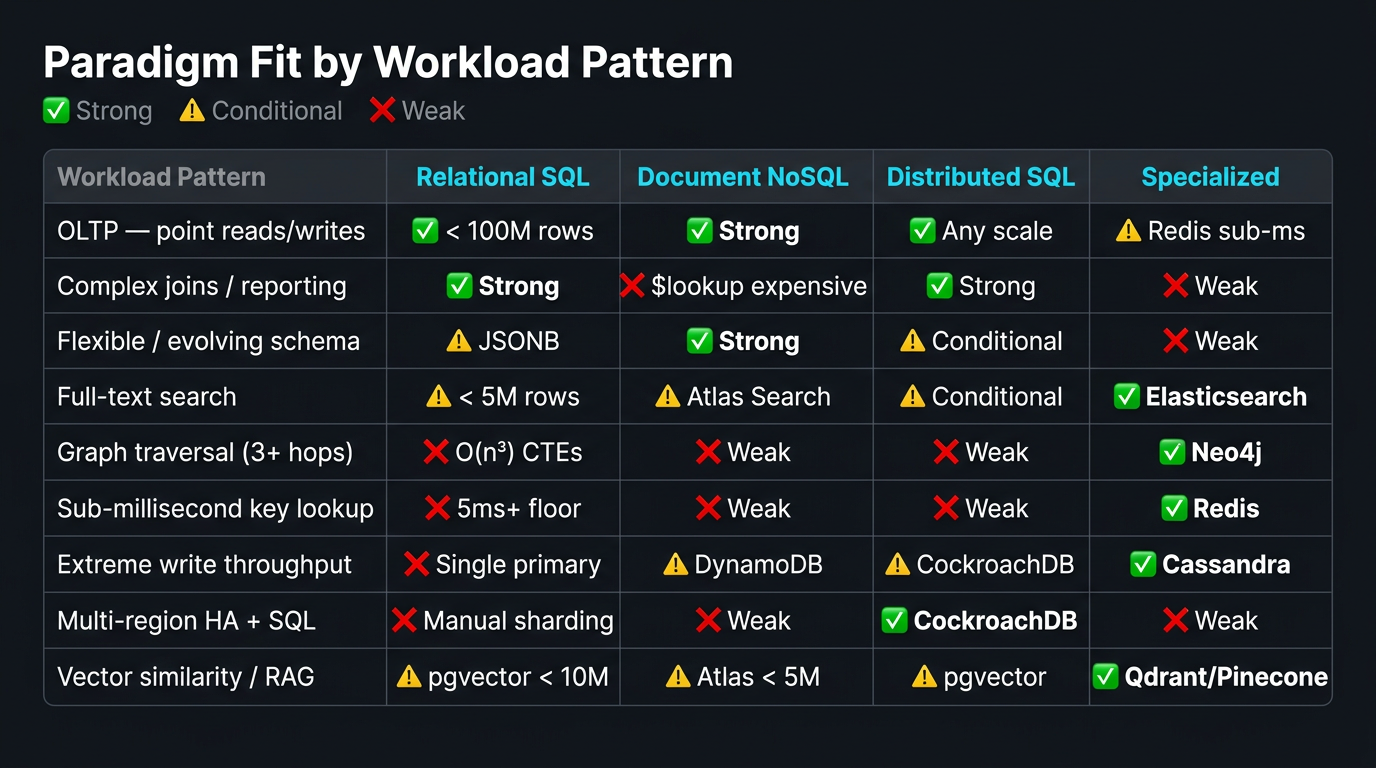 Full paradigm decision matrix — rows show workload patterns, columns show paradigm fit (strong/conditional/weak) with scale threshold annotations per cell.