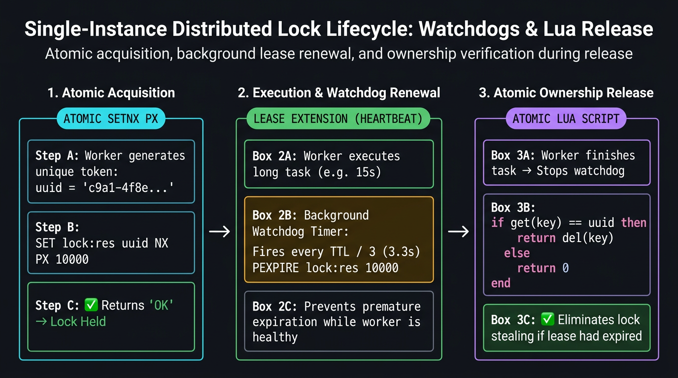 Single-instance lock lifecycle showing atomic acquisition, watchdog heartbeat lease extension, and atomic Lua release.
