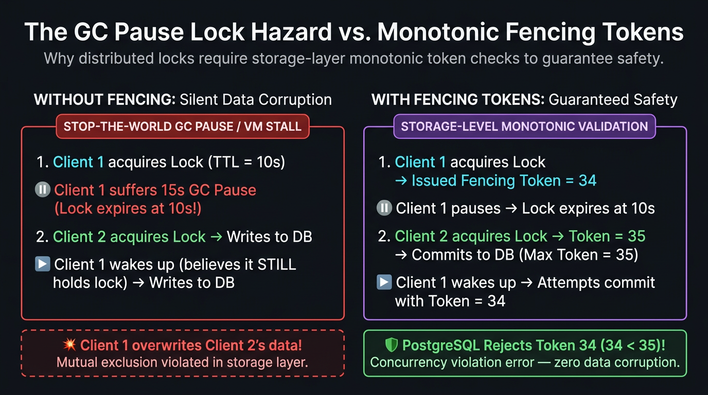 The GC pause lock steal hazard contrasted with Monotonic Fencing Token storage rejection.