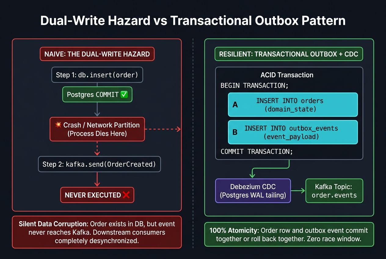 Dual-write hazard versus transactional outbox comparison showing application crash between database commit and Kafka publish causing silent event loss (left) against atomic database outbox commit with asynchronous CDC relay (right).