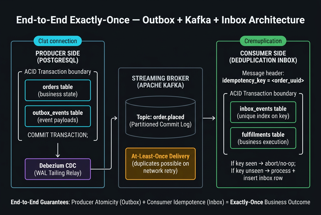 End-to-end exactly-once architecture showing transactional outbox on PostgreSQL producer, at-least-once Kafka broker transport, and atomic consumer inbox deduplication table achieving exactly-once business outcome.
