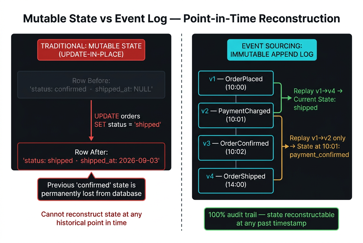 Traditional mutable database state with destructive overwriting updates (left) versus Event Sourcing append-only immutable event log where current state is derived by replaying history (right).