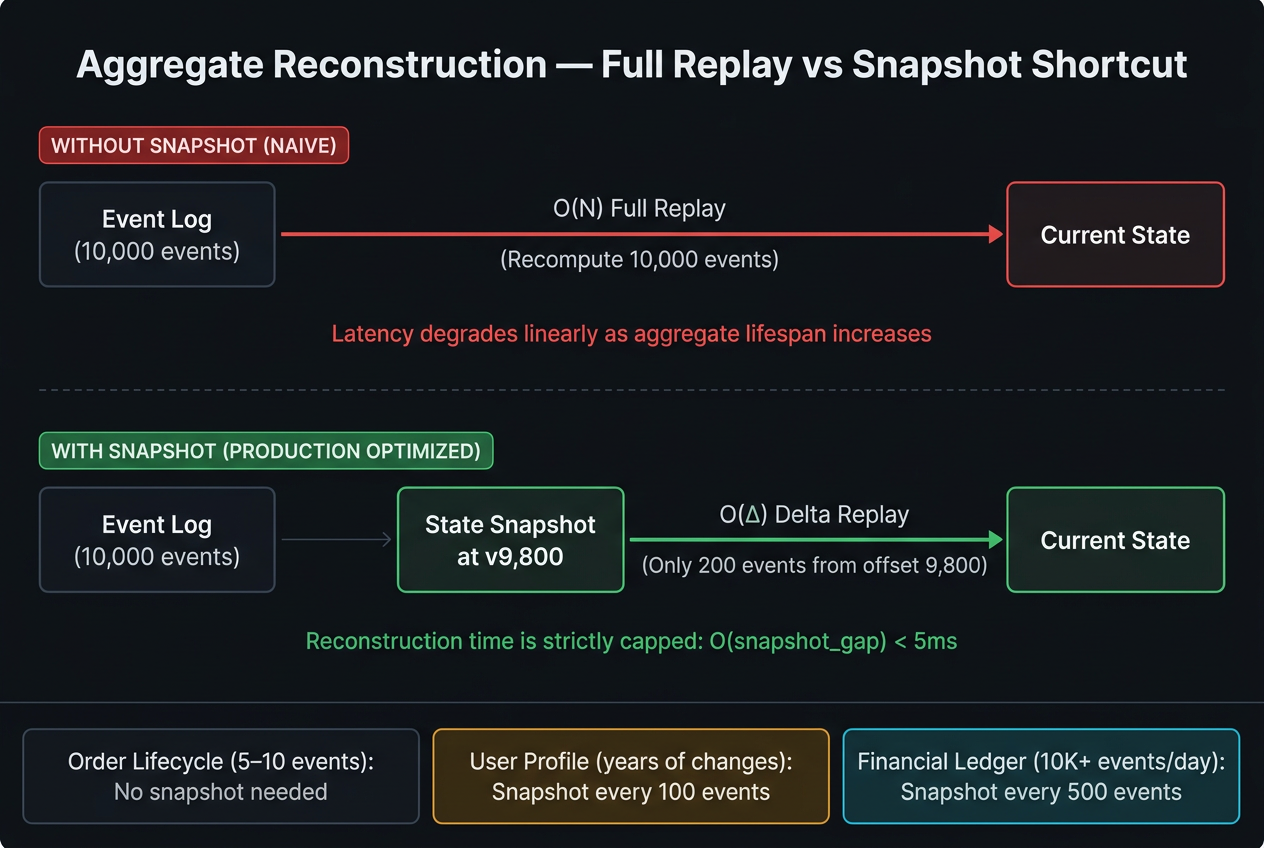 Event sourcing snapshot optimization showing full replay bottleneck from event 0 avoided by loading aggregate state from snapshot at event 500 and replaying only tail events 501 to 504.