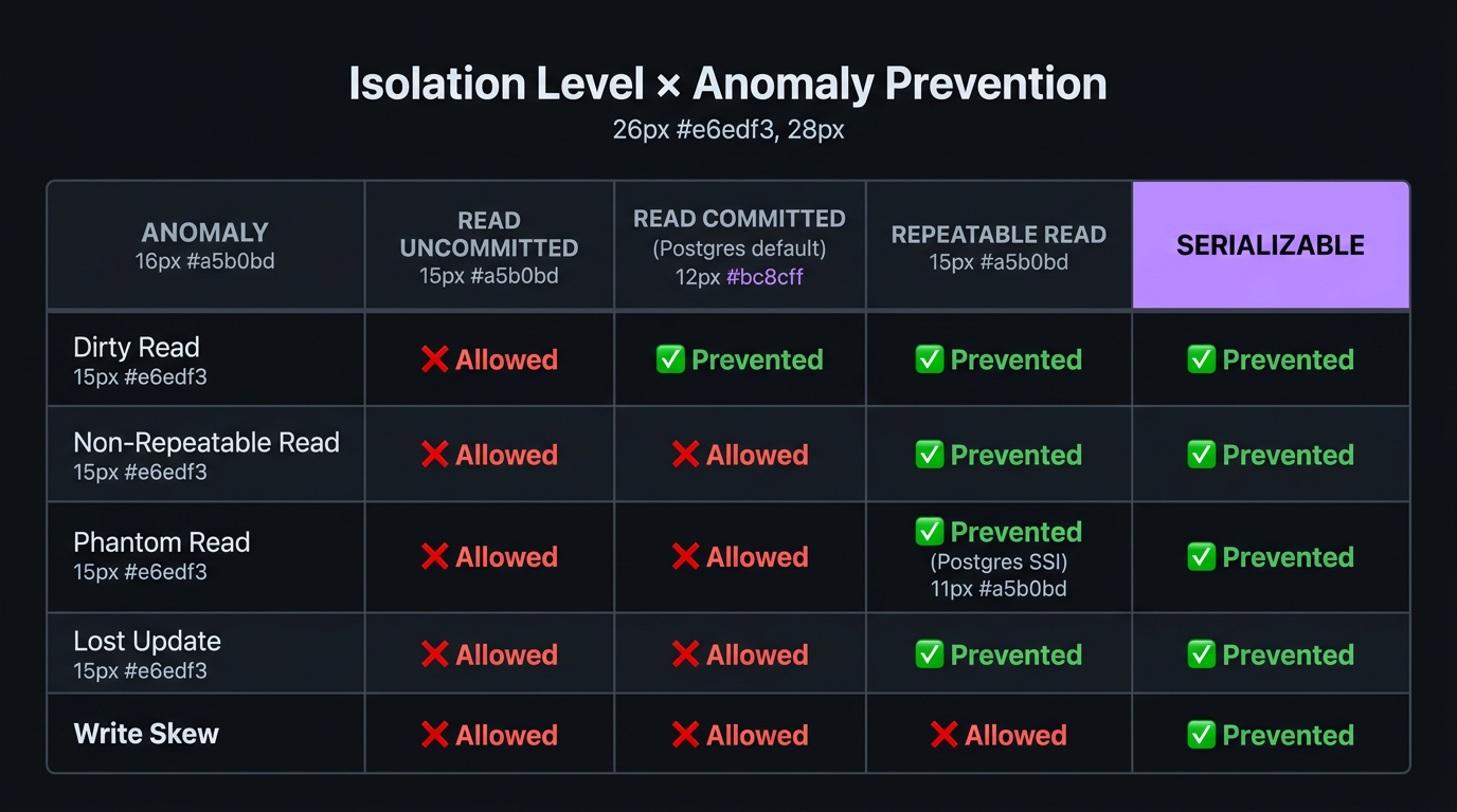 Anomaly × Isolation Level decision matrix showing which anomalies each isolation level prevents and allows