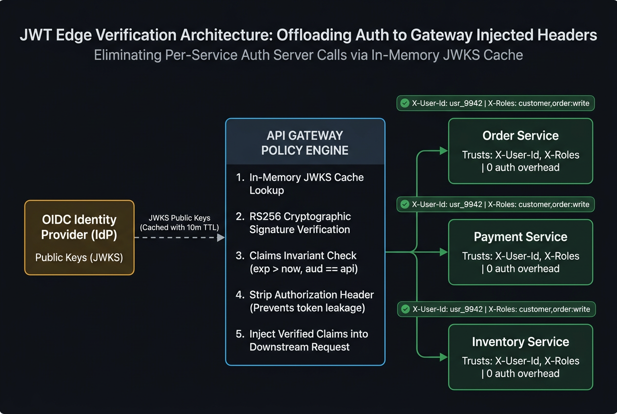 JWT self-verification circuit mental model: API Gateway validates JWT signature against JWKS cache, checks exp and aud claims, then injects X-User-Id and X-Roles headers. Downstream services (order-service, payment-service, inventory-service) trust the gateway-injected headers as pre-verified identity, never performing their own JWT validation or auth server calls.