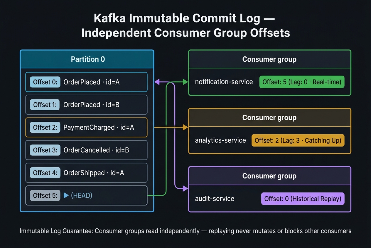 Kafka partitioned commit log architecture showing topic partitions distributed across brokers with sequential segment files, producer hash-based routing, and independent consumer group offset pointers.