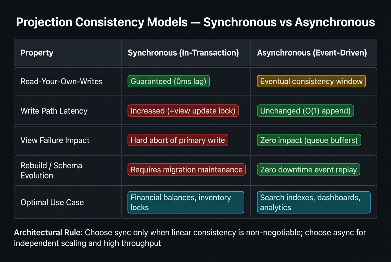 Comparison matrix evaluating synchronous in-database projections versus asynchronous event-driven projections across latency, failure blast radius, write throughput, and consistency models.
