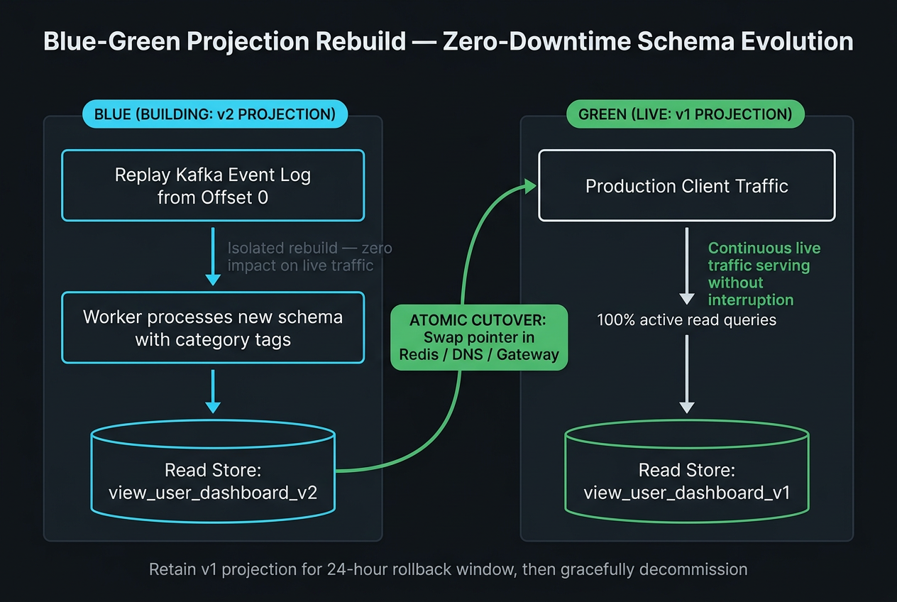 Zero-downtime blue-green projection rebuild architecture showing historical Kafka event replay into projection v2 alongside live queries hitting v1, followed by atomic router cutover.