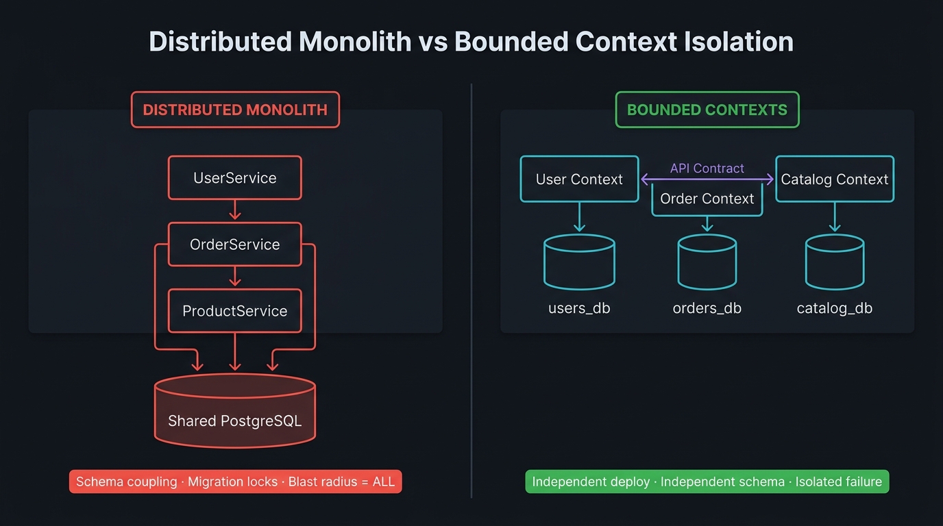 Distributed monolith with services sharing a single PostgreSQL database (anti-pattern, left) versus bounded context isolation with dedicated databases and explicit API contracts (correct, right).