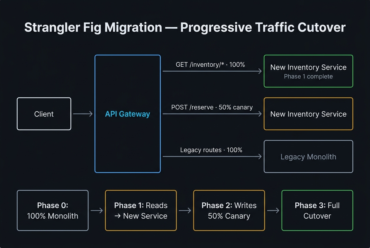 Strangler Fig progressive traffic cutover showing API gateway routing legacy routes to monolith and canary/production routes to the new inventory service across four phased cutover stages.