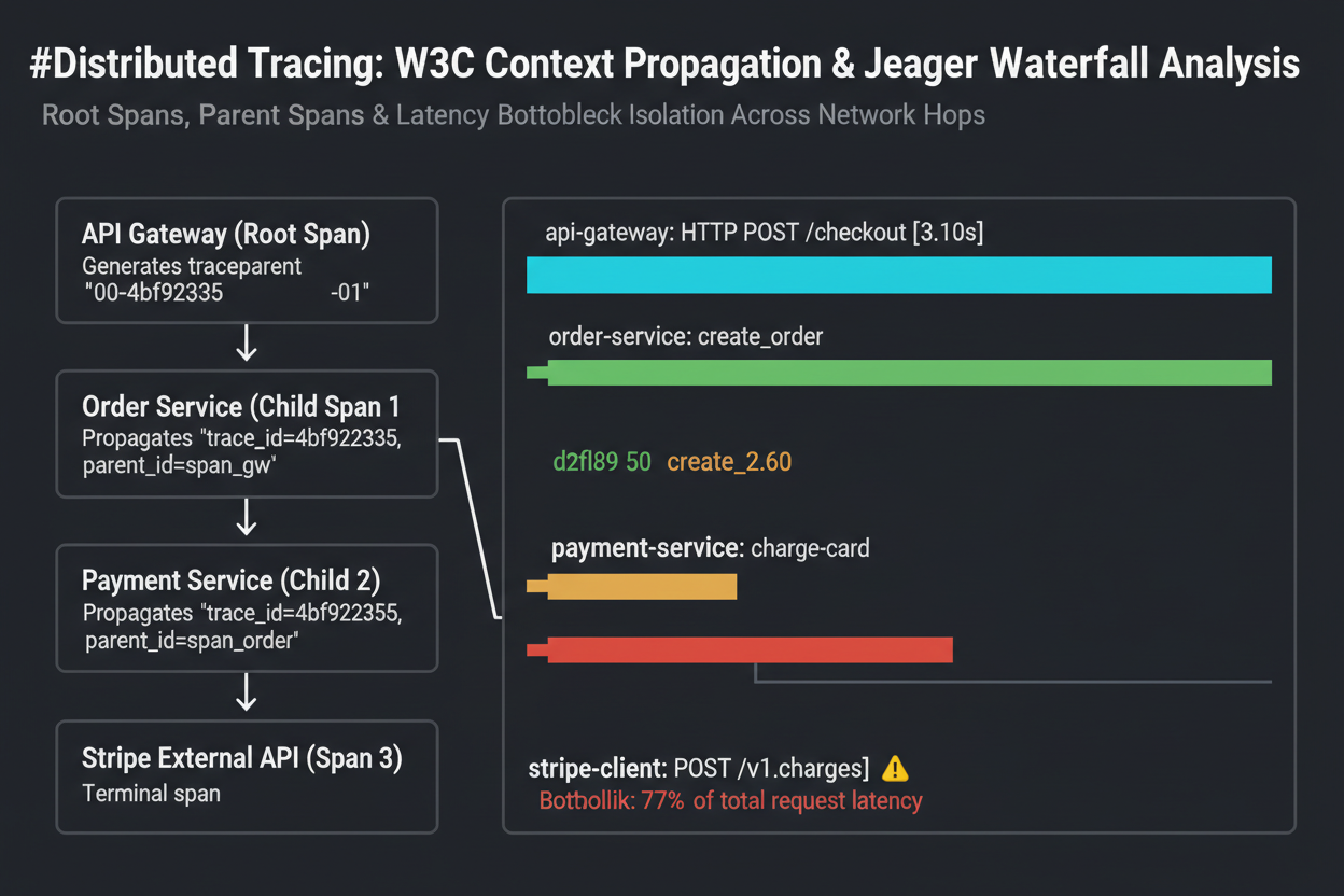 Distributed trace propagation flow: Gateway generates root span with Trace ID abc123; each downstream service creates a child span inheriting the same Trace ID; the final Jaeger/Grafana Tempo waterfall view shows Gateway (3.1s total) → Order Service (2.9s) → Payment Service (2.6s) → Stripe API (2.4s) as a causal timeline.