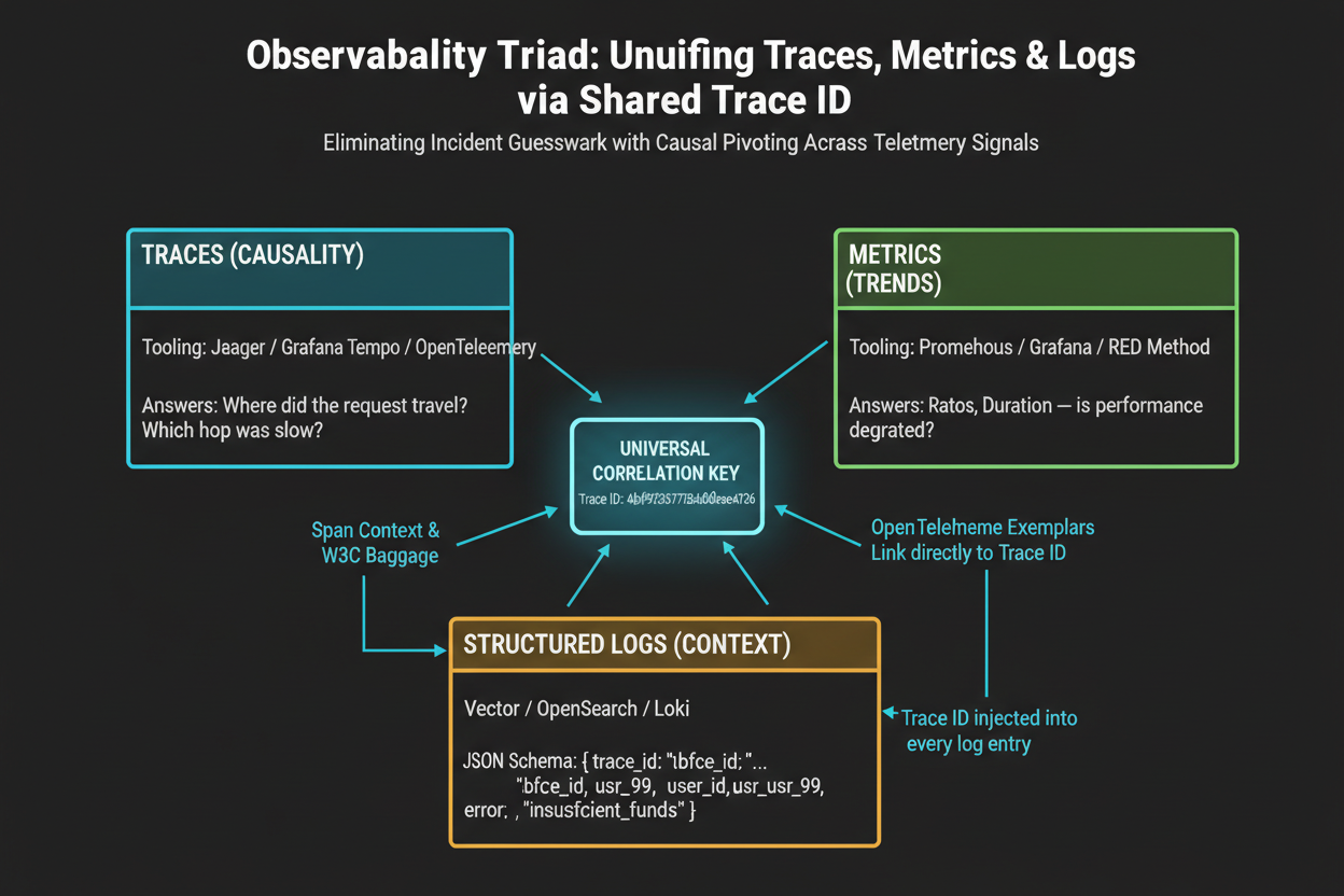 Three observability signals mental model triangle: Trace (when and where — causal request path across services), Metrics (how much — RED method dashboards per service), Logs (what happened — structured JSON entries). Arrows show trace_id flowing from trace into log fields enabling pivot; trace_id flowing into metrics exemplars enabling trace-to-metric correlation. Center shows the Trace ID as the universal correlation key.
