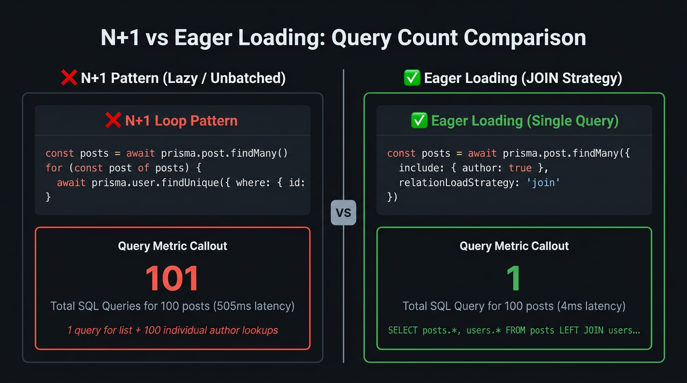 N+1 query loop waterfall emitting 101 queries vs eager loading single JOIN query emitting 1 query