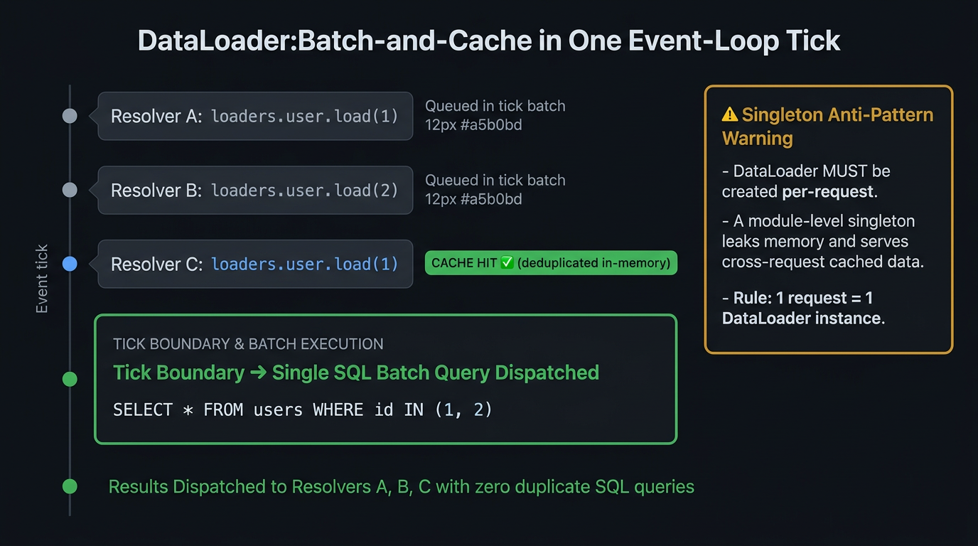 DataLoader microtask event-loop tick coalescing individual load calls into a single batched SQL query and deduplicating cached IDs
