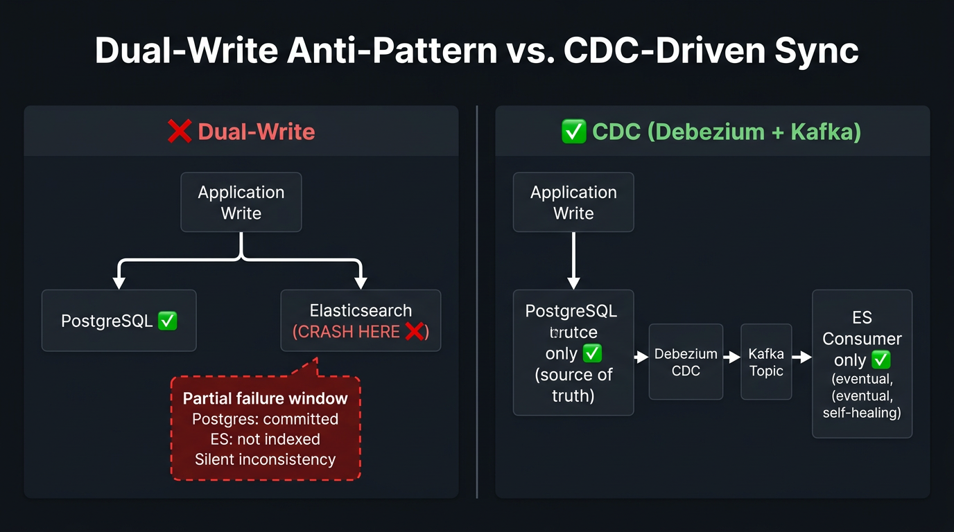 Dual-write anti-pattern on the left showing the partial failure window between Postgres write and Elasticsearch write; CDC-driven eventual sync on the right showing single Postgres write → Debezium → Kafka → consumers, with no partial-failure window in the primary write path.
