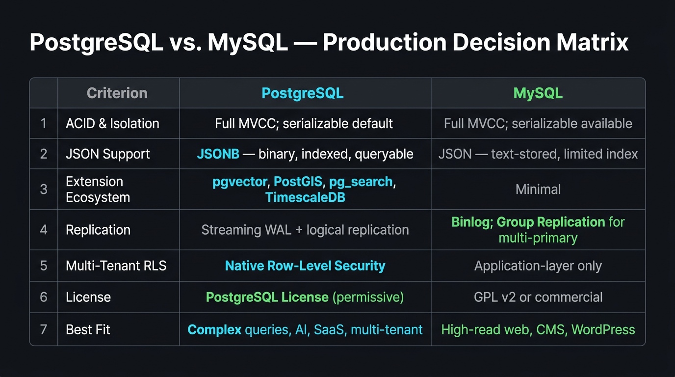 PostgreSQL vs. MySQL comparison matrix across ACID compliance depth, extension ecosystem, JSON support, replication model, licensing, and best-fit workloads — showing where each wins.