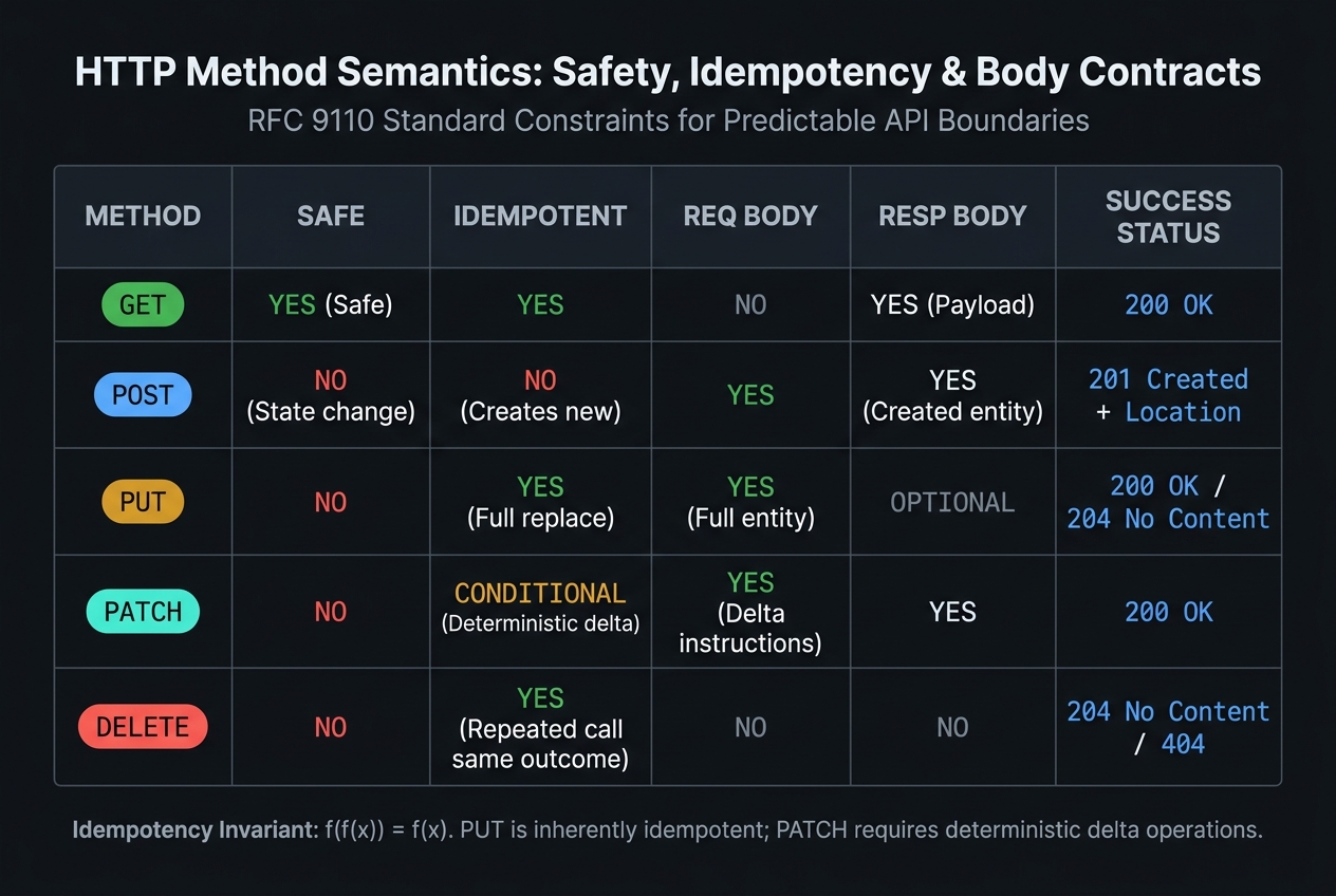 HTTP method semantics matrix showing GET, POST, PUT, PATCH, DELETE across safe, idempotent, request body, response body, and common status codes dimensions.