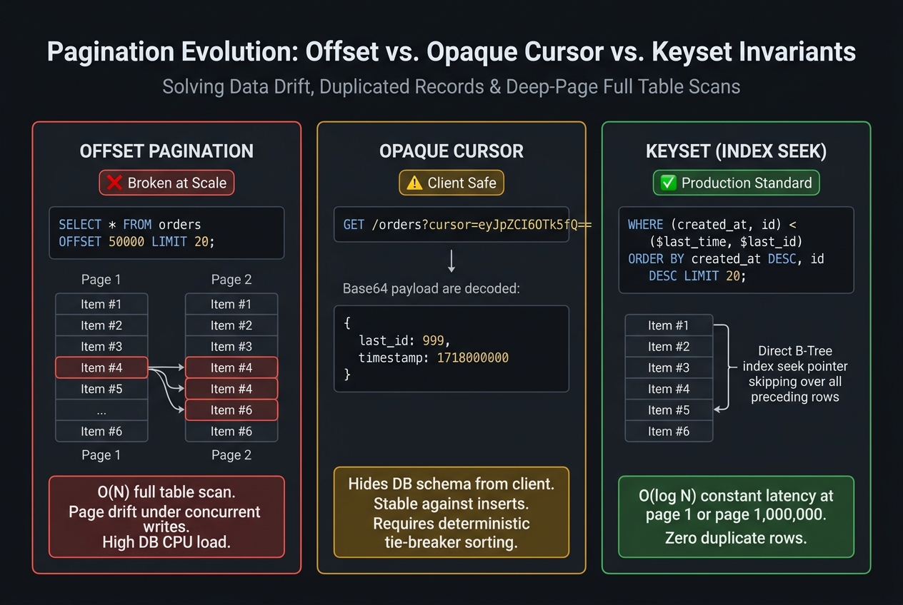 Pagination evolution showing offset drift under inserts (left, red), cursor pagination with stable opaque token (center), and keyset pagination using indexed column comparisons for O(log n) database performance (right, cyan).