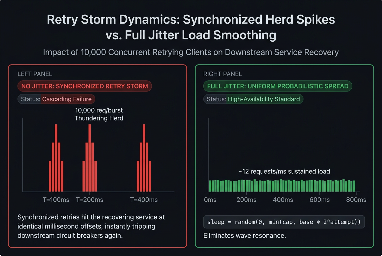Before/after retry storm visualization: left (red) shows synchronized retry with no jitter — 10,000 clients storm simultaneously at T+100ms, T+200ms, T+400ms creating parallel vertical spike lines; right (cyan) shows full jitter spread — 10,000 clients are distributed uniformly across the backoff window creating a flat load curve that the recovering service can handle.