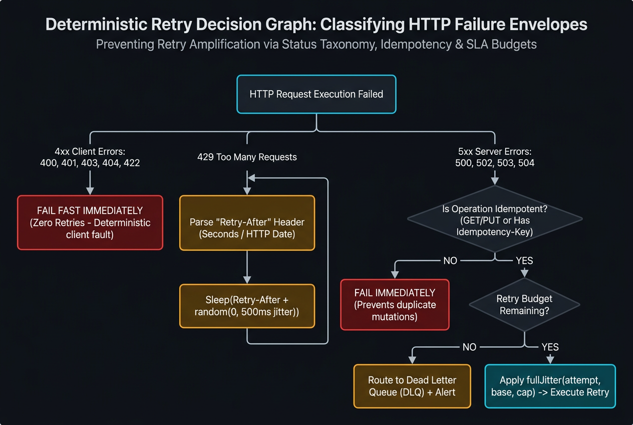 Retry decision tree flow trace: request fails → check status code → 4xx (non-429): fail immediately (no retry); 429: read Retry-After header → wait exact duration + jitter → retry; 5xx: check if operation is idempotent → No: fail immediately; Yes: check attempt count vs budget → budget exhausted: route to DLQ; budget remaining: fullJitter backoff → retry.