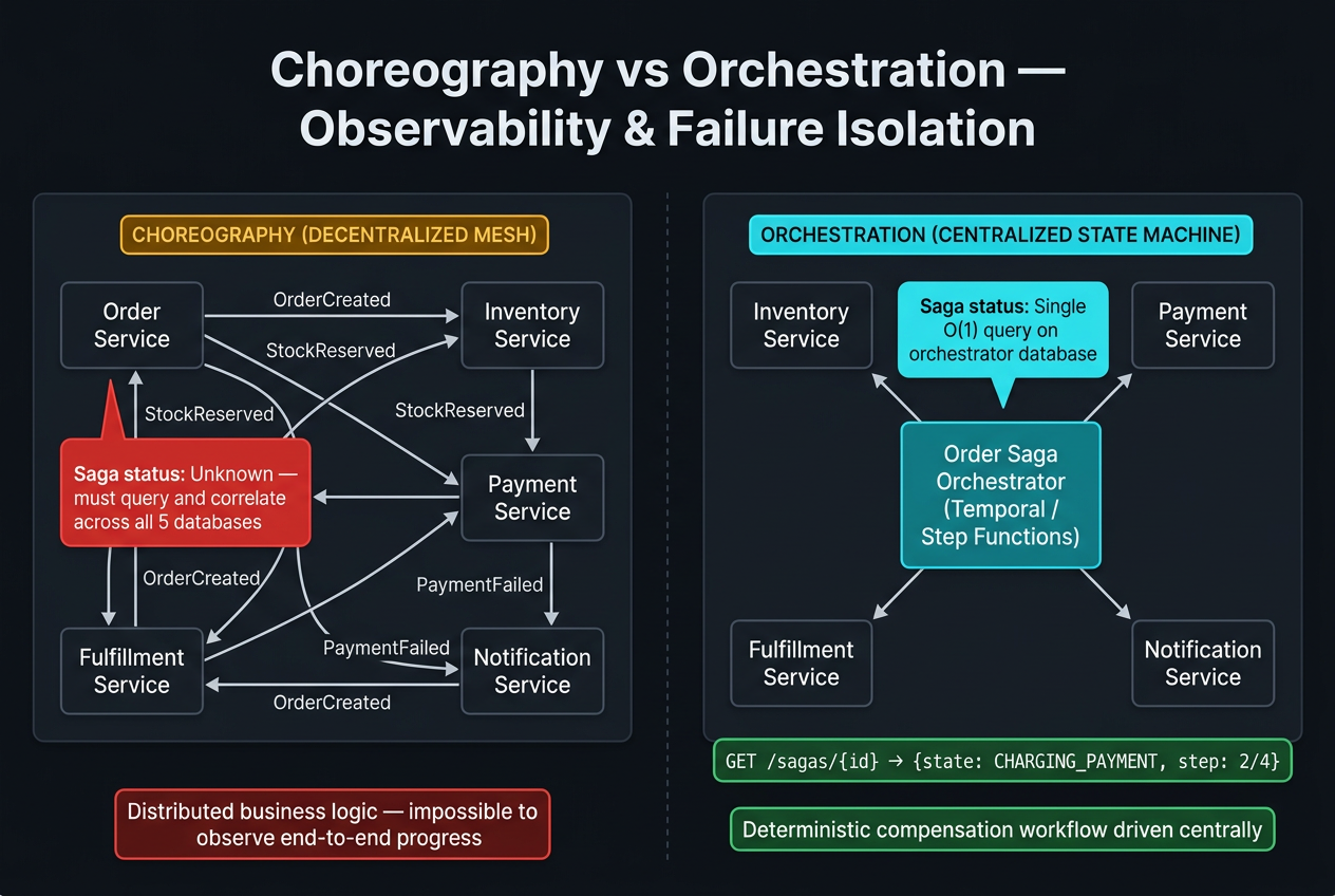 Choreography versus orchestration SAGA topologies comparing decentralized pinball event coupling with cyclic dependencies (left) against centralized durable orchestrator state machine directing commands and compensations (right).