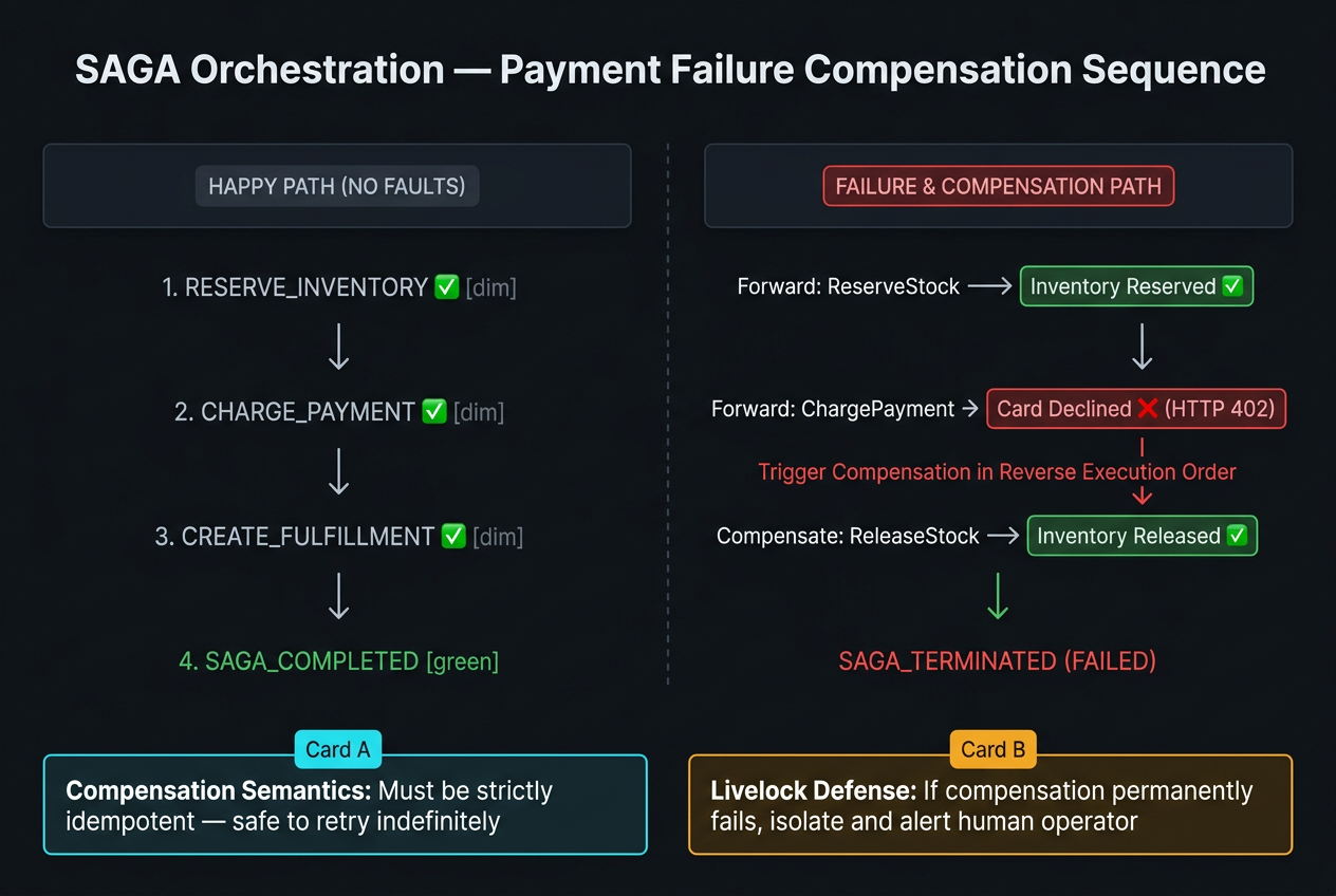 SAGA workflow execution trace showing forward progress through Order, Payment, and Inventory reservation failure triggering reverse compensating transactions to release hold and refund payment.