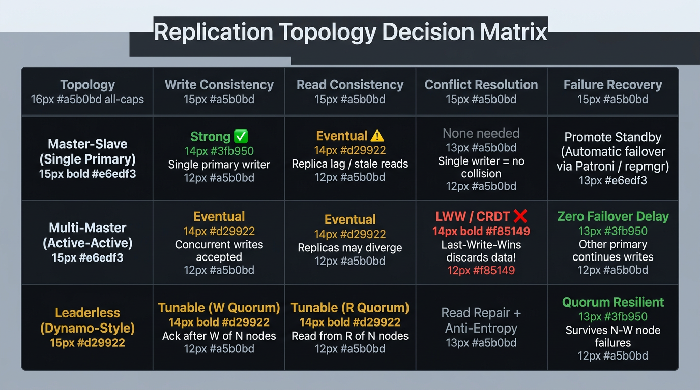 Replication topology comparison: Master-Slave vs Multi-Master vs Leaderless across write consistency, read consistency, conflict resolution, and failure recovery