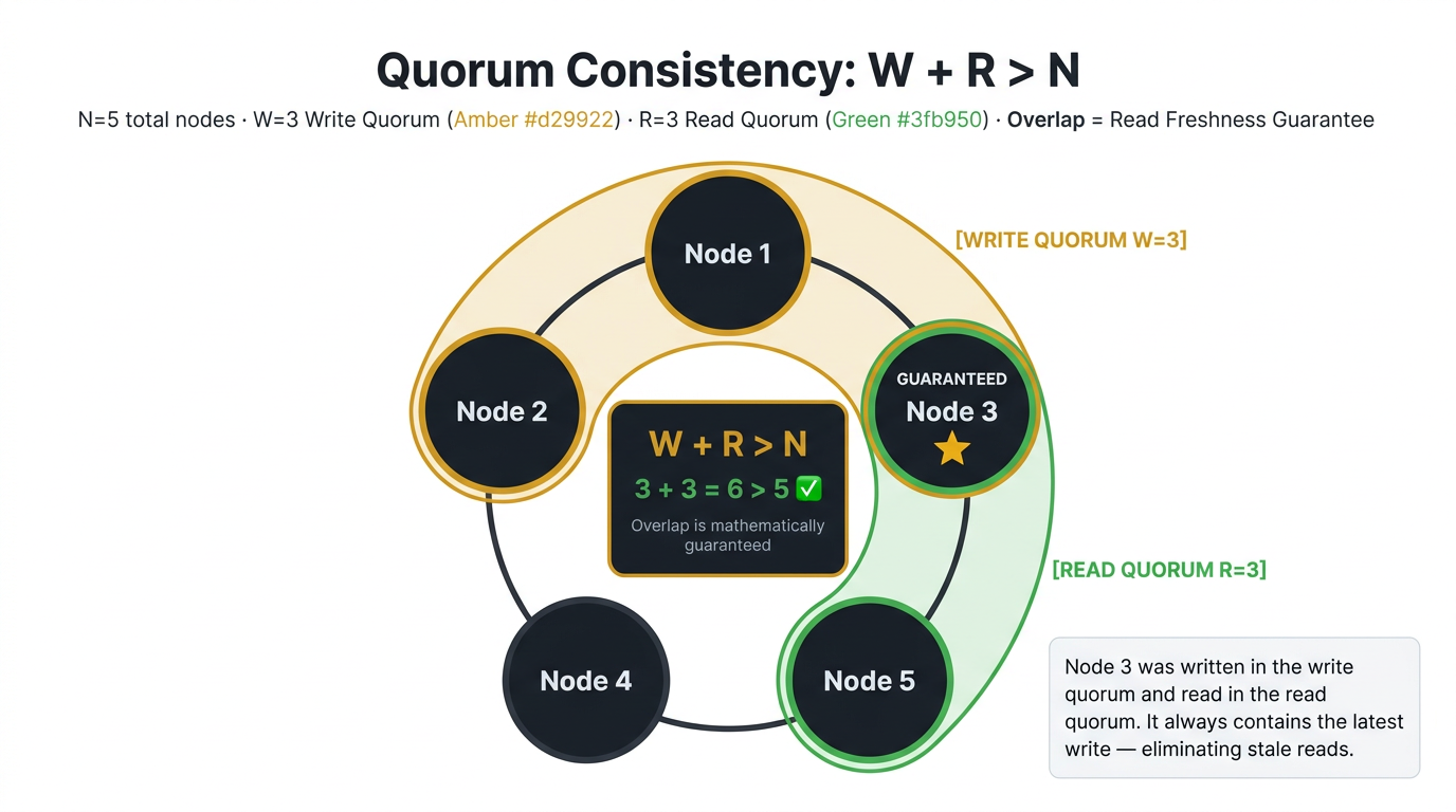 Quorum reads and writes: N=5 node ring with W=3 cyan write quorum and R=3 green read quorum showing guaranteed overlap