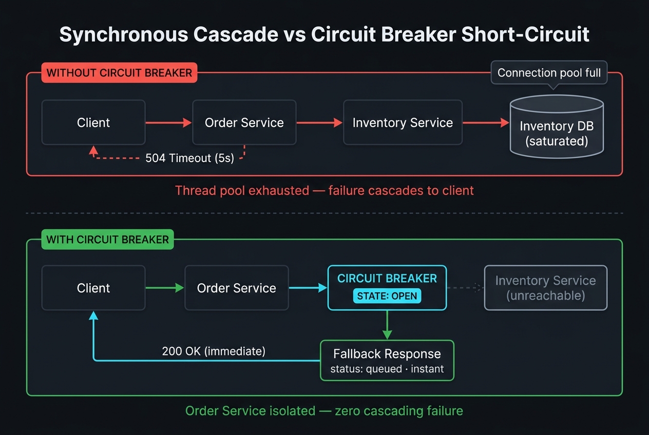 Cascading failure in synchronous call chain showing depth-4 timeout exhausting API gateway thread pool (left) versus circuit breaker fast-failing with cached fallback (right).