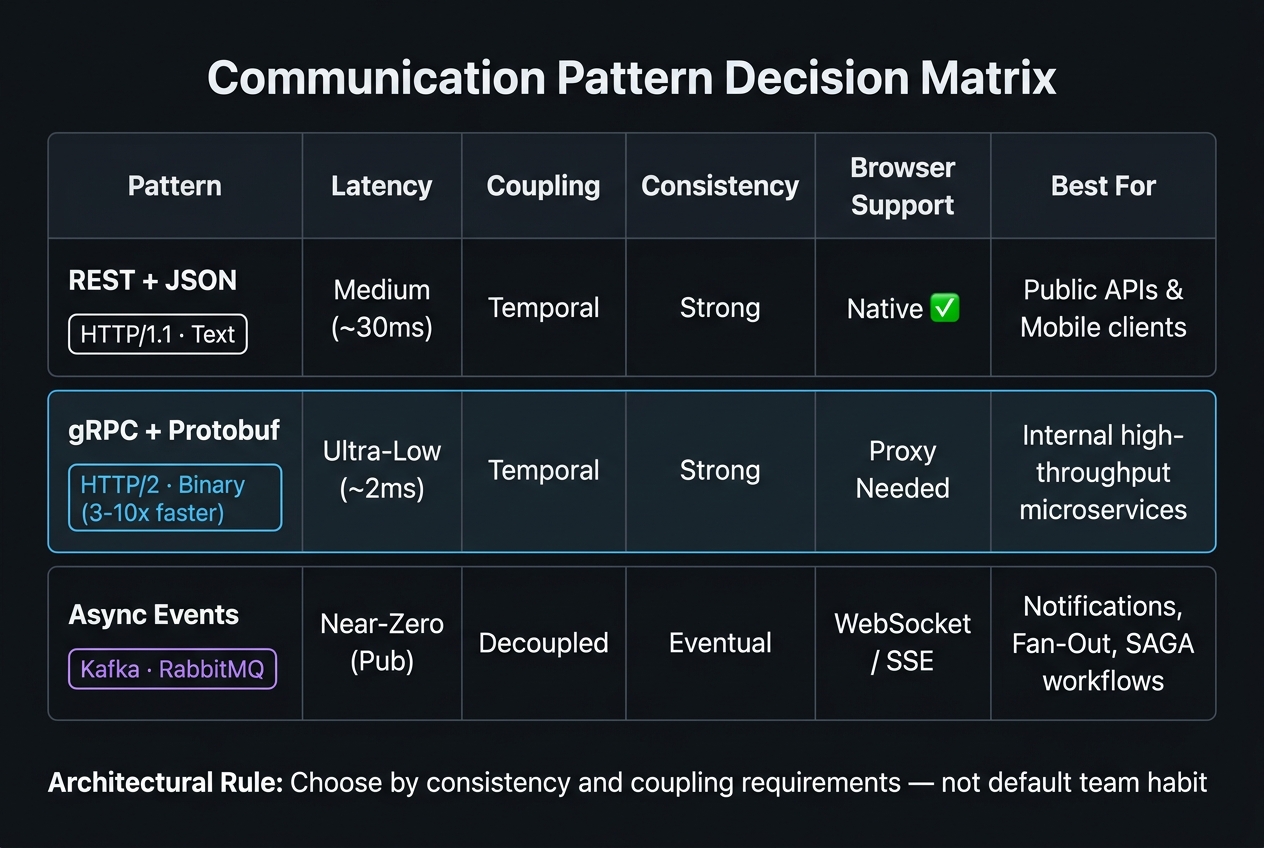 Comparison matrix evaluating REST, gRPC, and Asynchronous Events across protocol, serialization, coupling, latency, and primary use case.