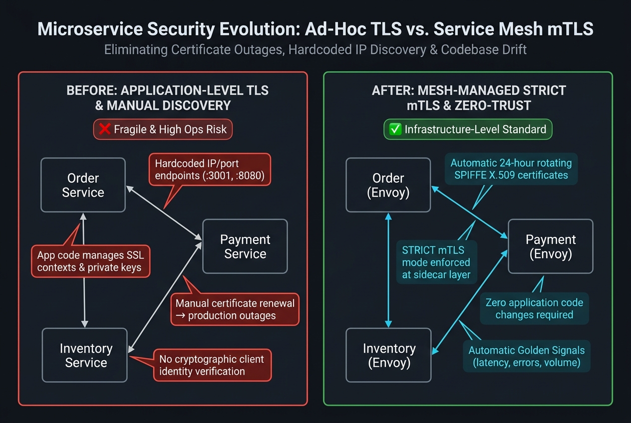 Before/After architectural comparison: left side (red) shows application-managed TLS with manually distributed certificates and ad-hoc service discovery via hardcoded IPs; right side (cyan) shows mesh-managed mTLS with automatic SPIFFE certificate rotation and DNS-based discovery, with all services automatically connected via Envoy sidecar.